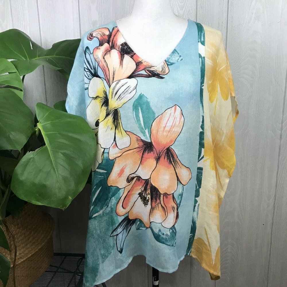 Chico’s Womens Boxy Poncho Blouse Top 100% Linen Floral Tropical Blue Yellow S M